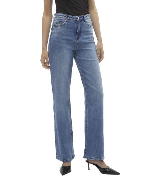 Jeans Vero Moda wide leg lavado medio de cintura alta con largo 32" para dama