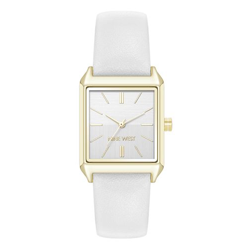 Reloj Nine West analogo cuadrado de metal con correa de cuero blanca para mujer