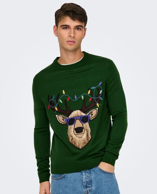 Suéter Only & Sons regular fit verde con estampado de reno para hombre
