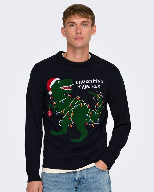Suéter Only & Sons regular fit navy con estampado "Christmas Tree Rex" para hombre